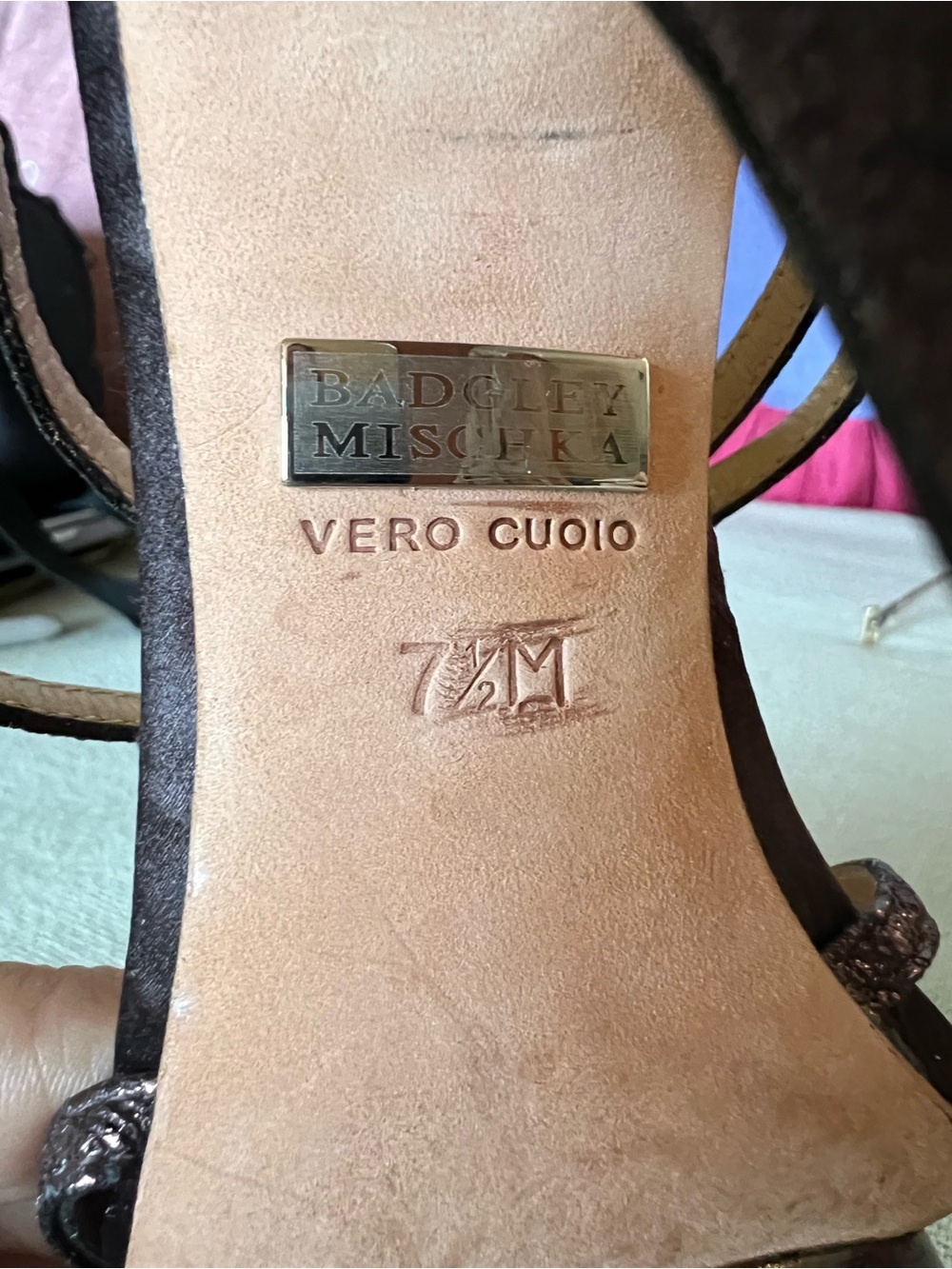 Badgley Mischka Bronze Glitter Strappy T‑Bar Sandals - Picture 7 of 8